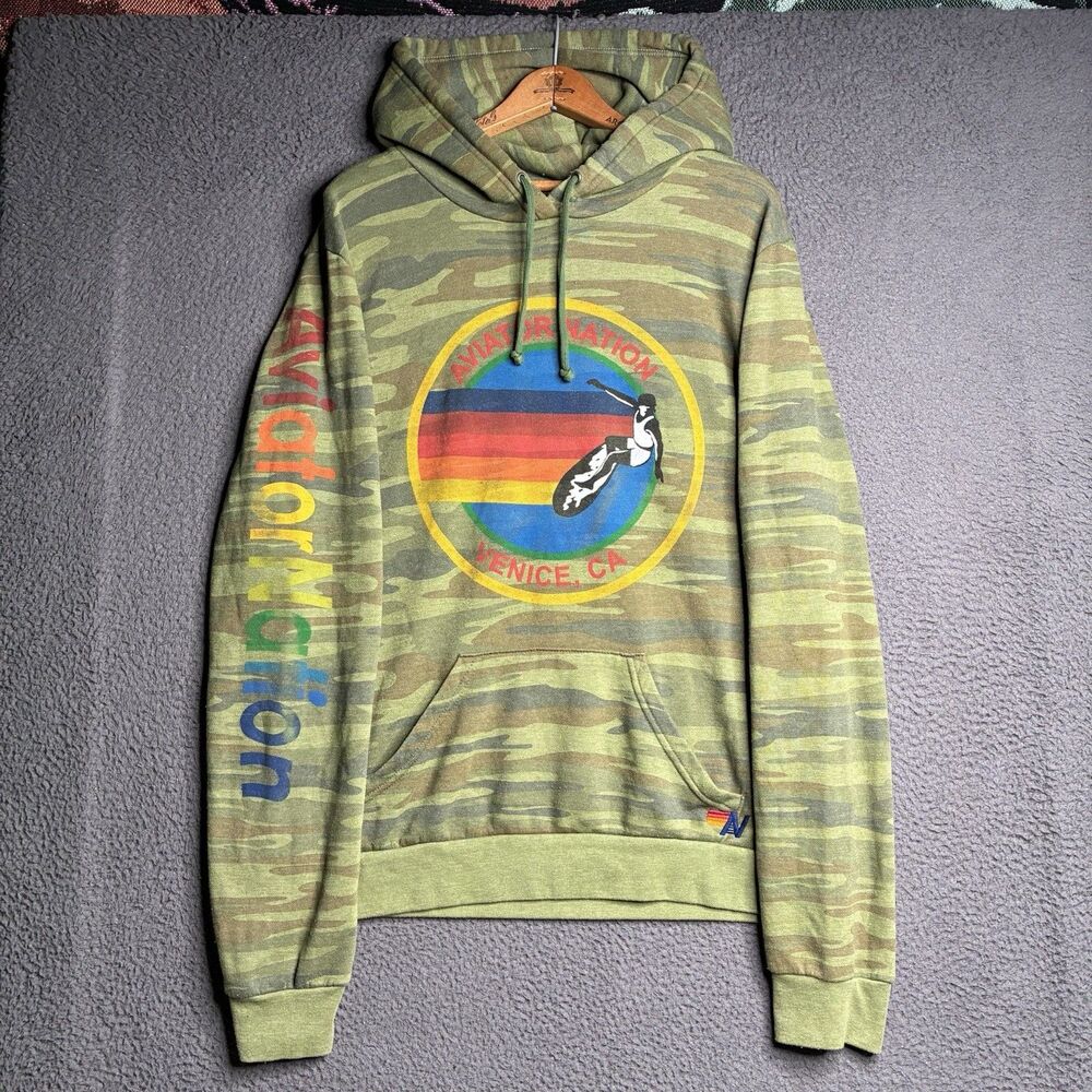 Aviator Nation Logo Pullover Relaxed Hoodie Camo Green Size XXL Made In USA